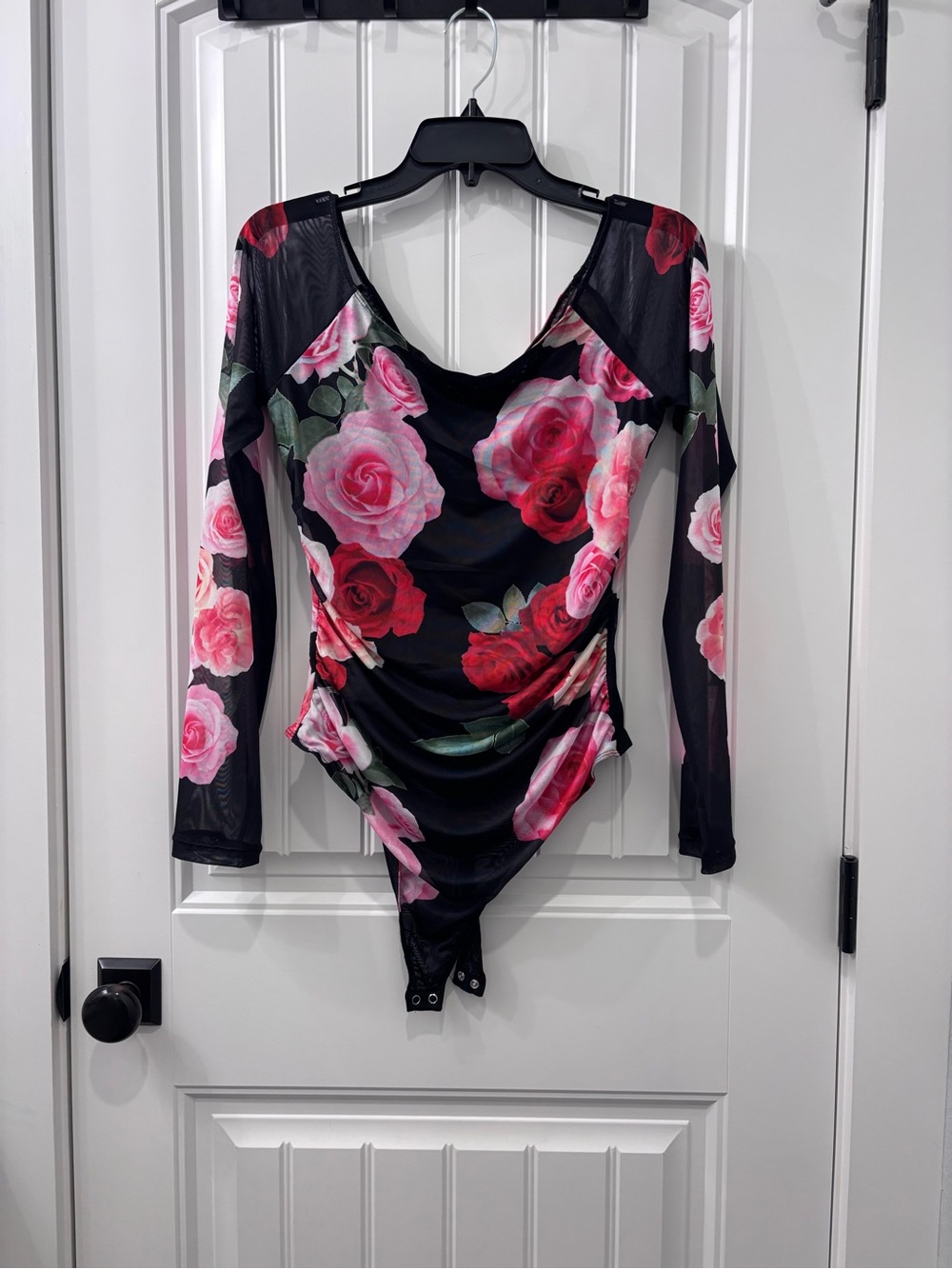 Fashion Nova Black Mesh Long-Sleeve Rose Print Bodysuit